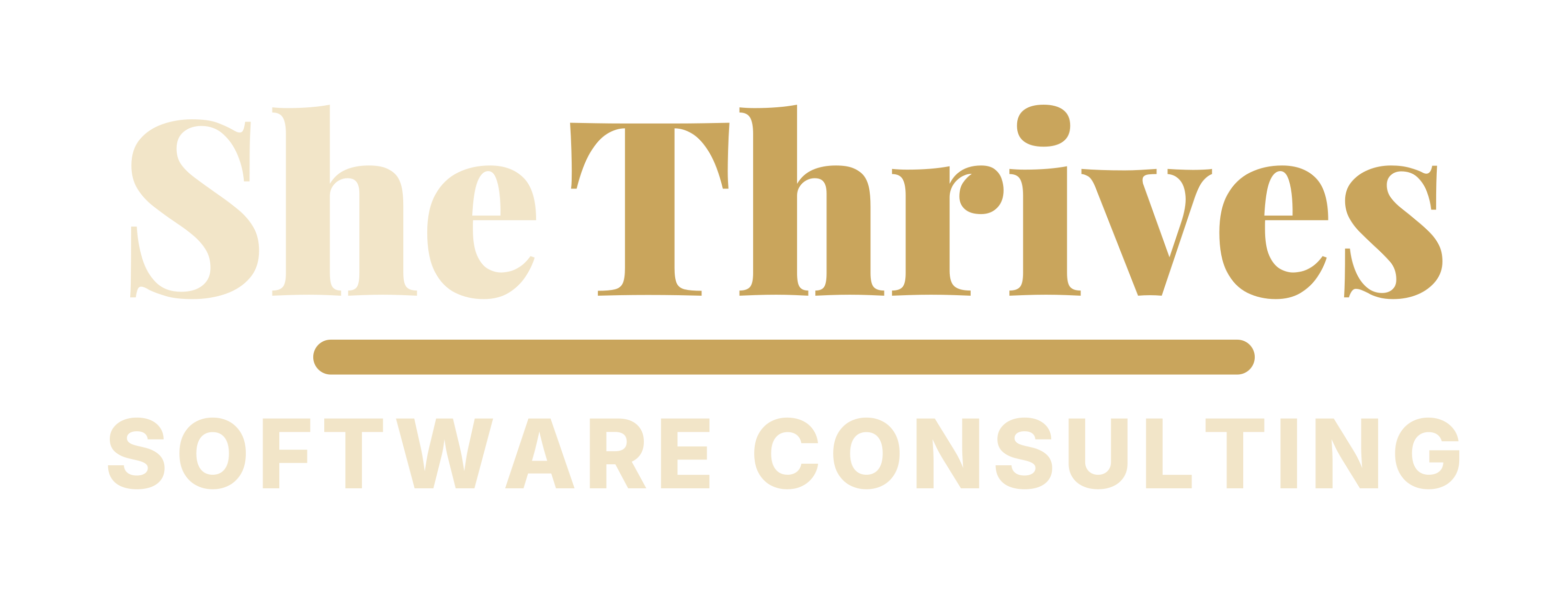 She Thrives Software Consulting logo in cream and gold on a charcoal background