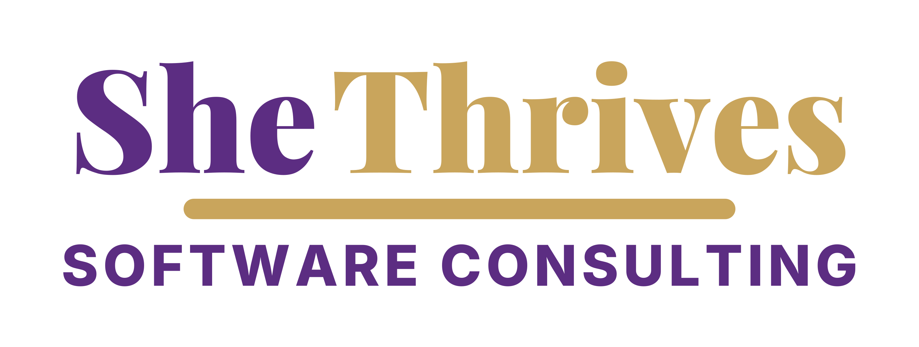 She Thrives Software Consulting logo in plum and gold on a natural oatmeal background